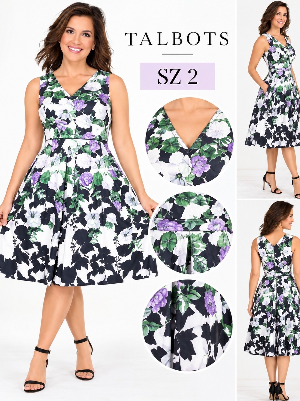 Talbots Black, White & Purple Floral Fit-and-Flare Midi Dress